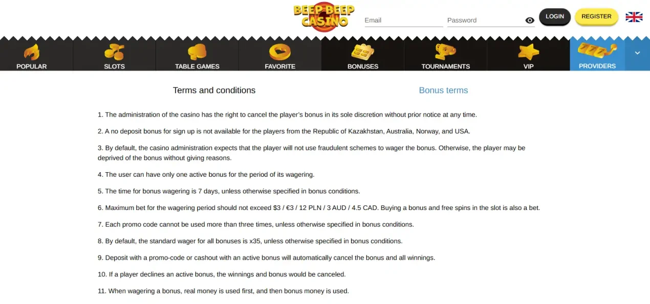 Official BeepBeep Casino bonus terms showing Australia eligibility and default bonus wagering rules