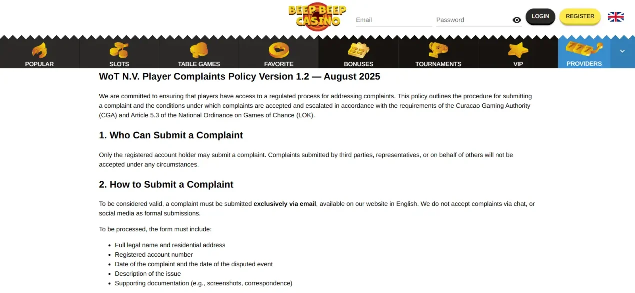Official BeepBeep complaints policy showing the email submission process, complaint timing and ADR sections