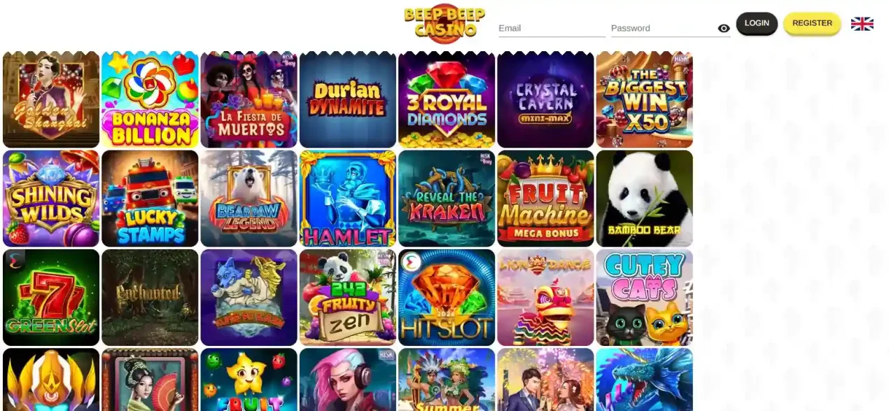 Current BeepBeep Casino game lobby showing category navigation, games and provider filters