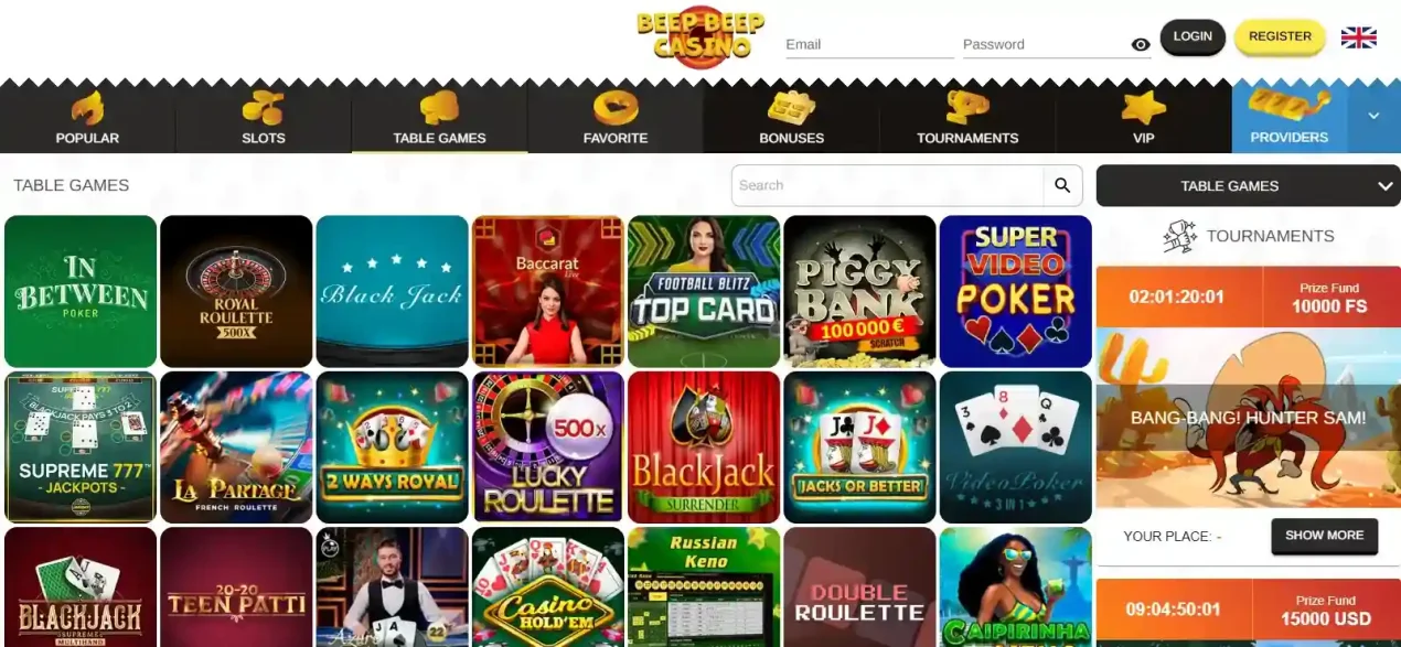 Current BeepBeep live casino lobby showing live table categories and provider filters