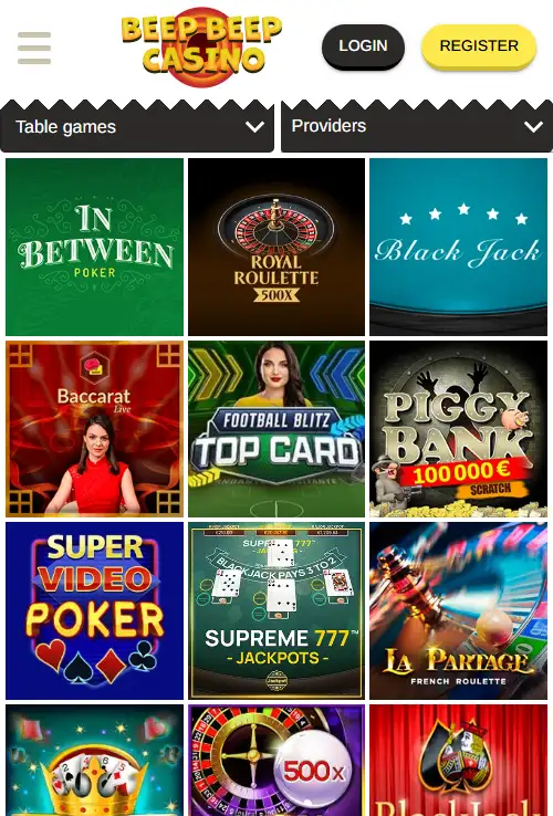 Current BeepBeep Casino homepage or game lobby displayed in a mobile browser viewport