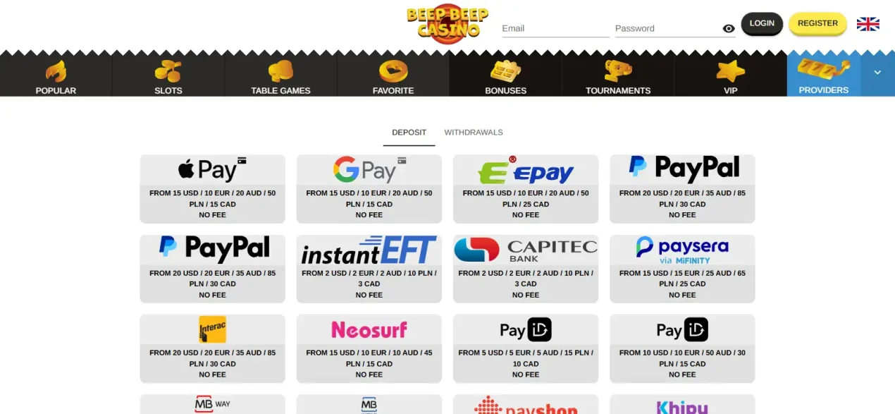 Official BeepBeep payments page showing AUD deposit or withdrawal thresholds and payment rails