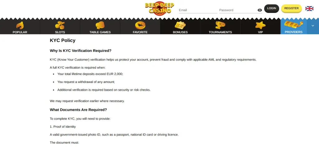 Official BeepBeep Casino KYC policy showing verification triggers and document requirements