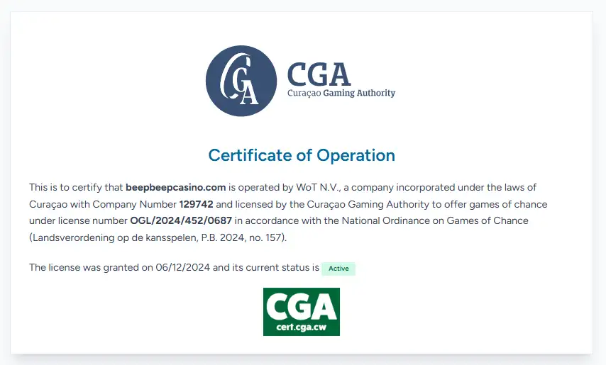 Curaçao Gaming Authority certificate for beepbeepcasino.com showing WoT N.V., licence OGL/2024/452/0687 and Active status