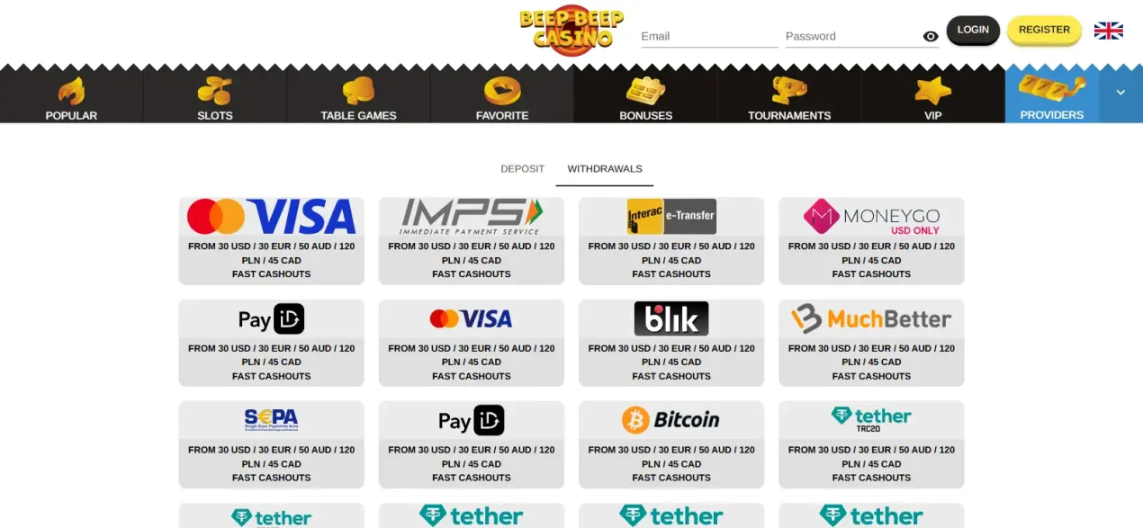 Official BeepBeep Casino withdrawal section showing current AUD cashout minimums, processing wording and withdrawal limits