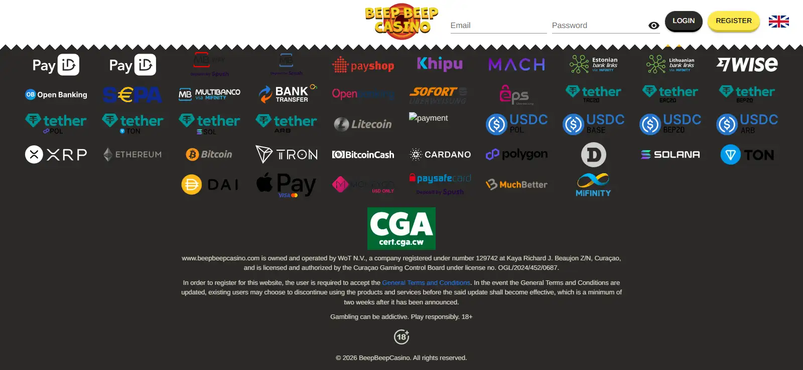Official BeepBeep Casino homepage footer showing the brand, operator and Curaçao licence information