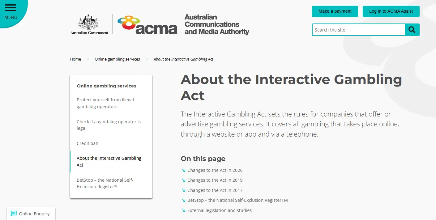 Official ACMA Interactive Gambling Act page showing online casinos among banned services